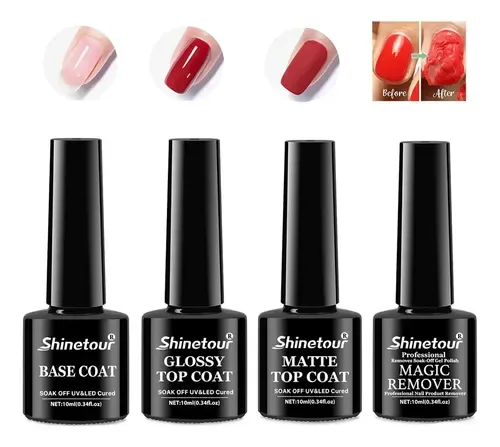 SHINETOUR Kit 4 en 1: base coat, top coat, top mate y removedor, 10 ml (gel y polygel), foto de la publicación en Mercado Libre